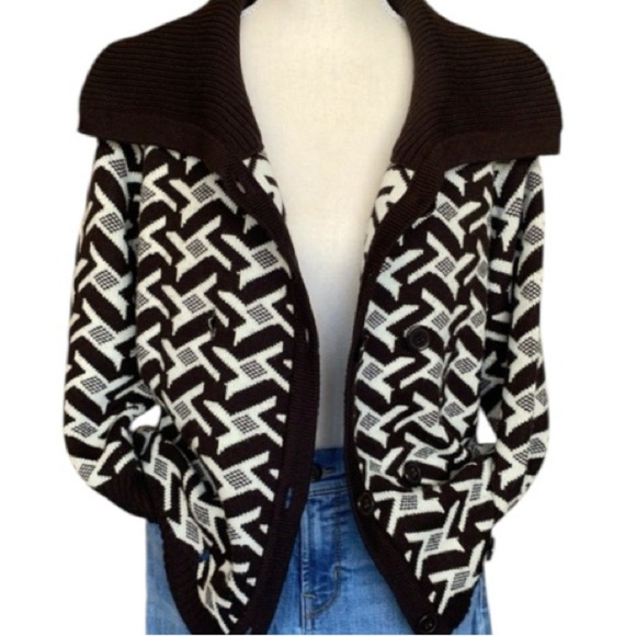 Vintage Brown Cream Houndstooth Knit Sweater Double Breasted Contrast Collar SM - Picture 12 of 13